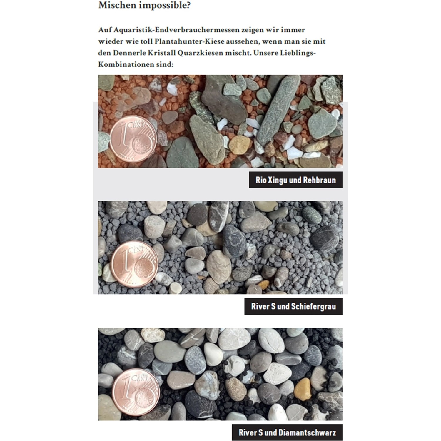 Dennerle Aquarienkies Kristall-Quarzkies Schiefergrau, verschiedene Körnungen im Vergleich.