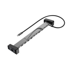 Hama USB-C Docking-Station Connect2Office Work, silber, mit 12 Ports, integriertem Kabel und Silikon-Standfüßen.