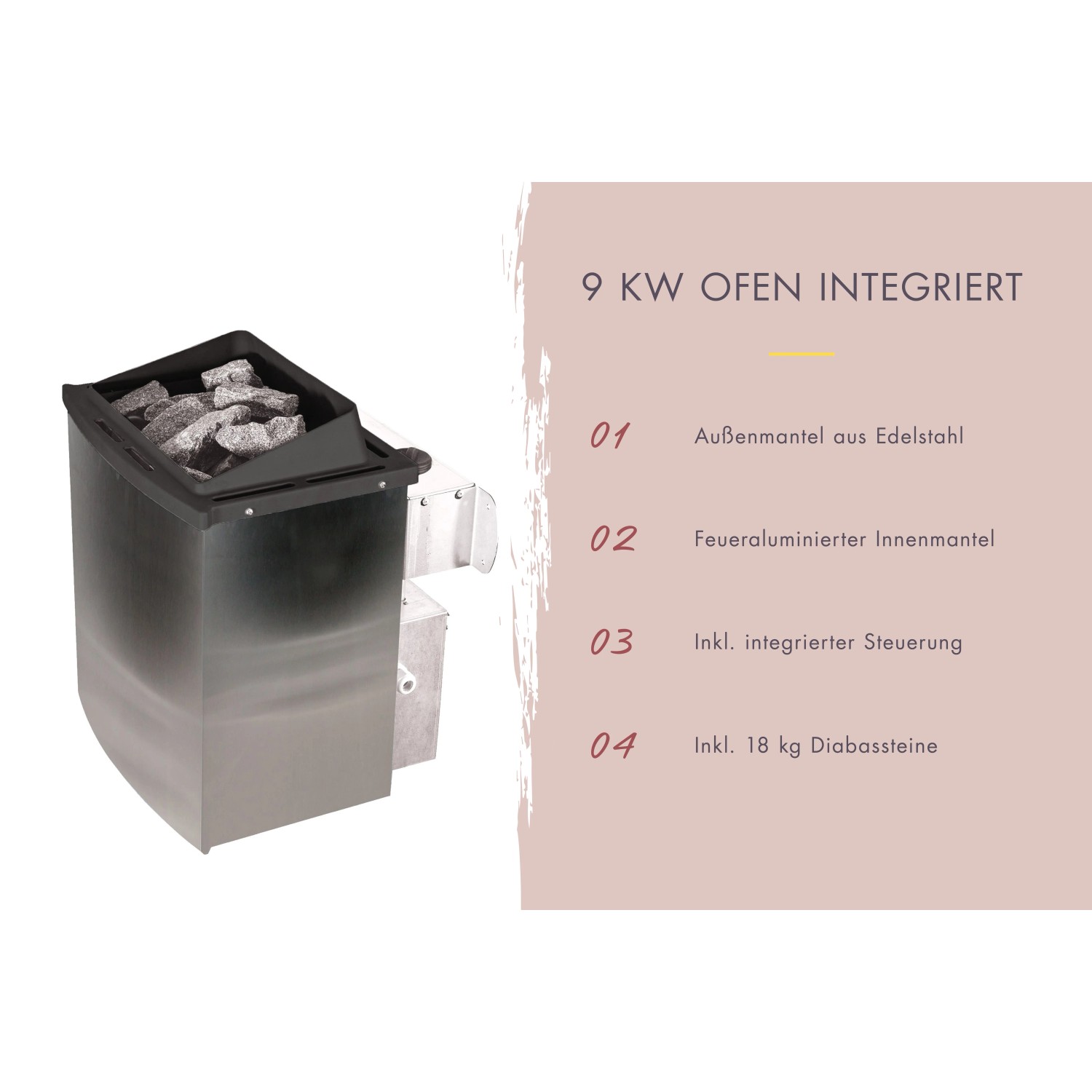 Karibu Saunaofen 9 kW für Saunahaus Arvi 6: Integrierter Ofen mit Steinen und Edelstahlmantel.