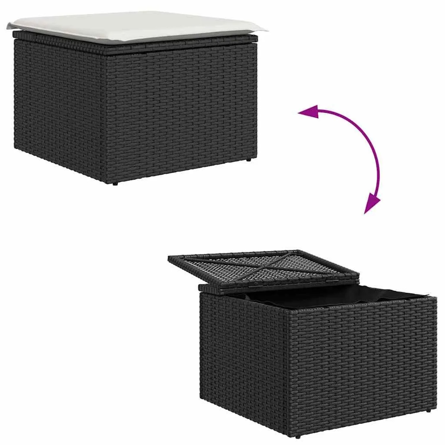 vidaXL Gartenmöbel: Schwarzer Poly Rattan Hocker mit Kissen, Deckel offen/geschlossen.