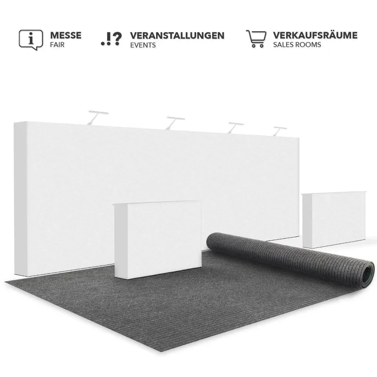 Grauer KARAT Eventteppich Atlas als Rollenware und als Teppich auf dem Boden vor Messestand