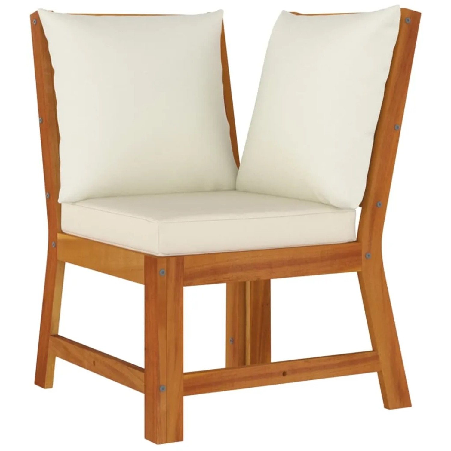 Akazienholz Ecksofa mit cremeweißen Kissen, Teil der vidaXL Garten-Essgruppe.
