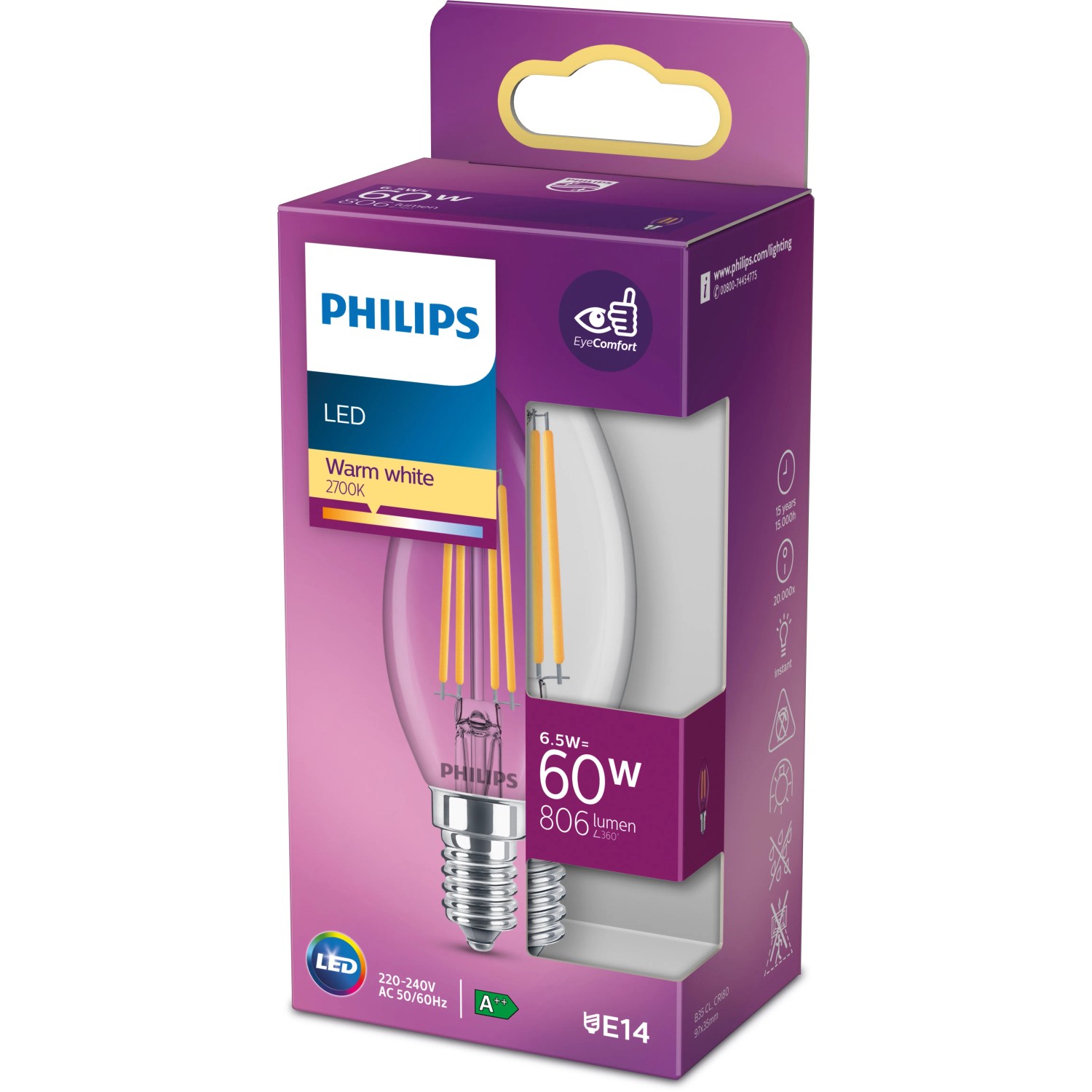 Philips LED-Lampe E14 Kerzenform, 6,5W, 806lm, warmweiß, in Verpackung.