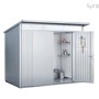 Modernes Biohort Metall-Gerätehaus AvantGarde silber-metallic mit offener Doppeltür, Regalen und Gartenwerkzeugen.