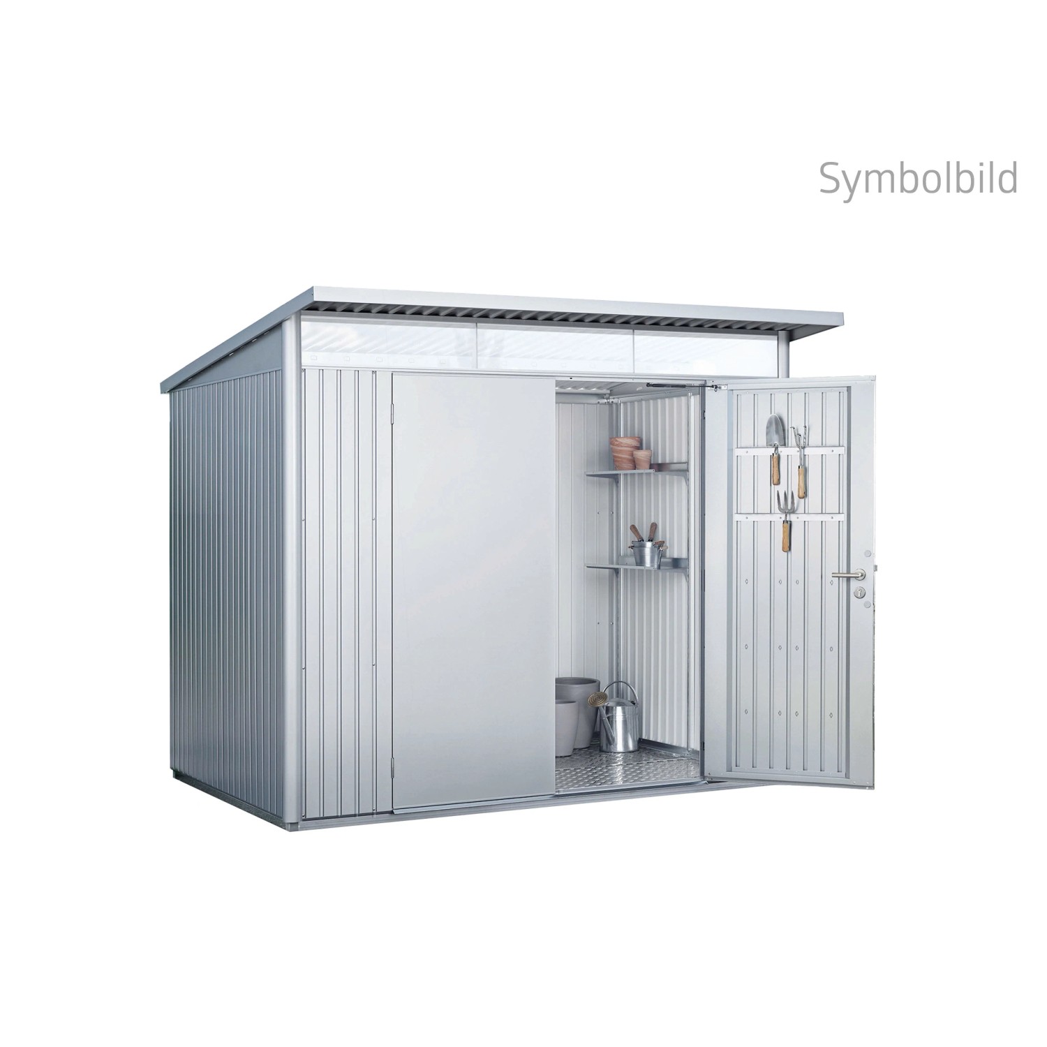 Modernes Biohort Metall-Gerätehaus AvantGarde silber-metallic mit offener Doppeltür, Regalen und Gartenwerkzeugen.