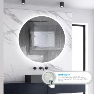 Runder Aica Sanitär Badspiegel, 70 cm, mit LED-Beleuchtung und Touch-Funktion im Badezimmer.