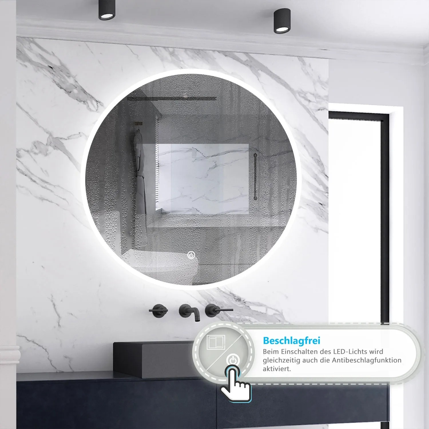 Runder Aica Sanitär Badspiegel, 70 cm, mit LED-Beleuchtung und Touch-Funktion im Badezimmer.