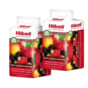 Zwei Säcke Häberli Obst- und Beerenerde (2x25l) mit Abbildung von Früchten.