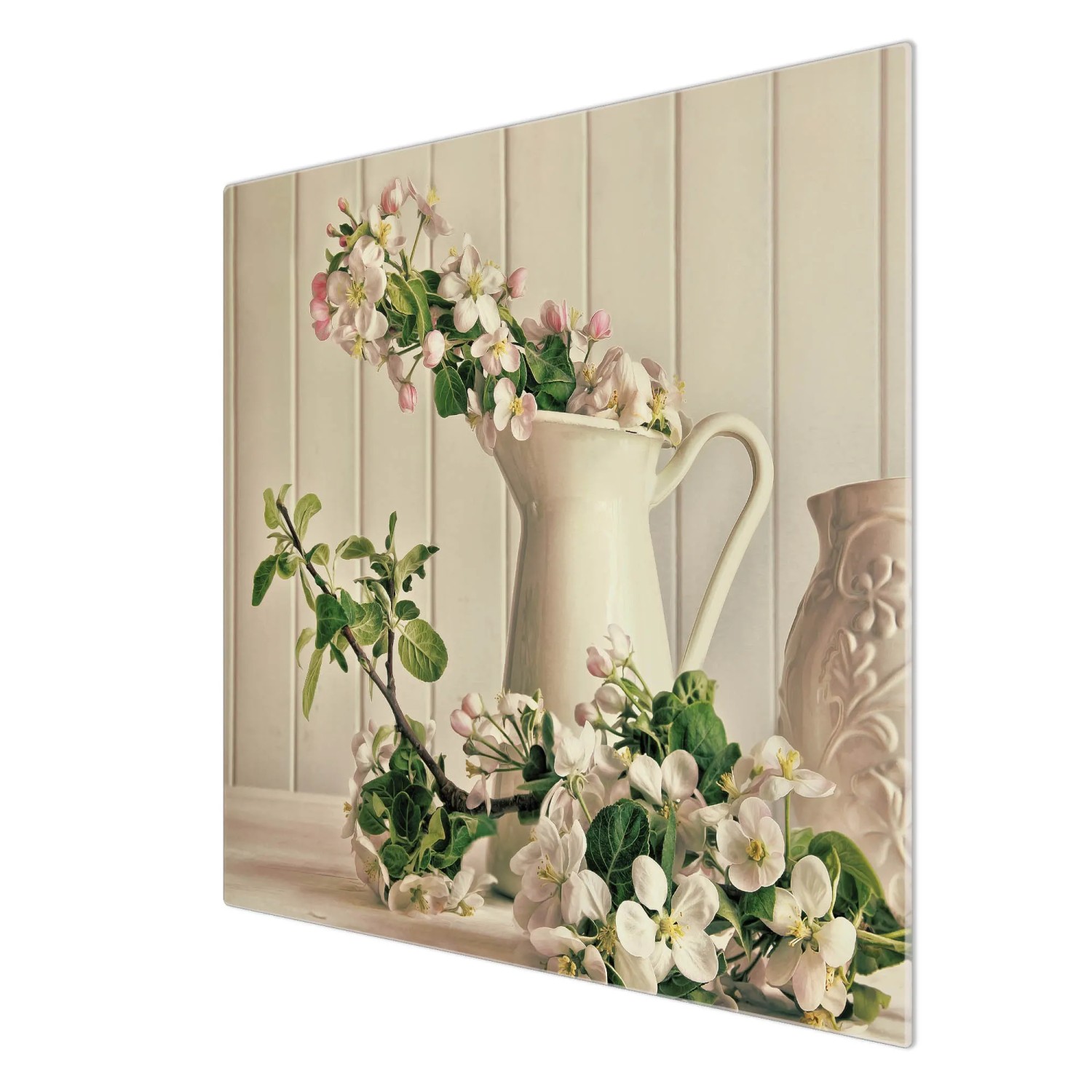 Banjado Herdabdeckplatte aus Glas mit Kirschblüten-Stillleben, auch als Schneidebrett nutzbar.