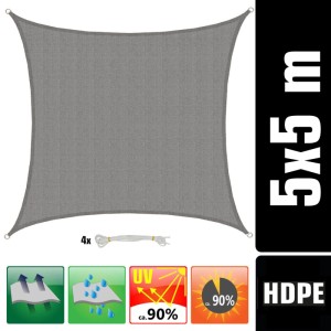Graues 5x5m HDPE Sonnensegel, viereckig, wasserdurchlässig, atmungsaktiv, 90% UV-Schutz, inkl. Seile. Sichtschutz.