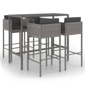 Graues 5-tlg. vidaXL Gartenbar-Set aus Polyrattan mit Tisch, Hockern und Kissen.