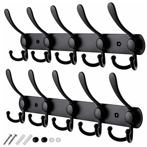 Schwarzes Edelstahl Wandgarderoben 2er Set mit je 5 Dreifachhaken und Montagematerial für Flur und Schlafzimmer.