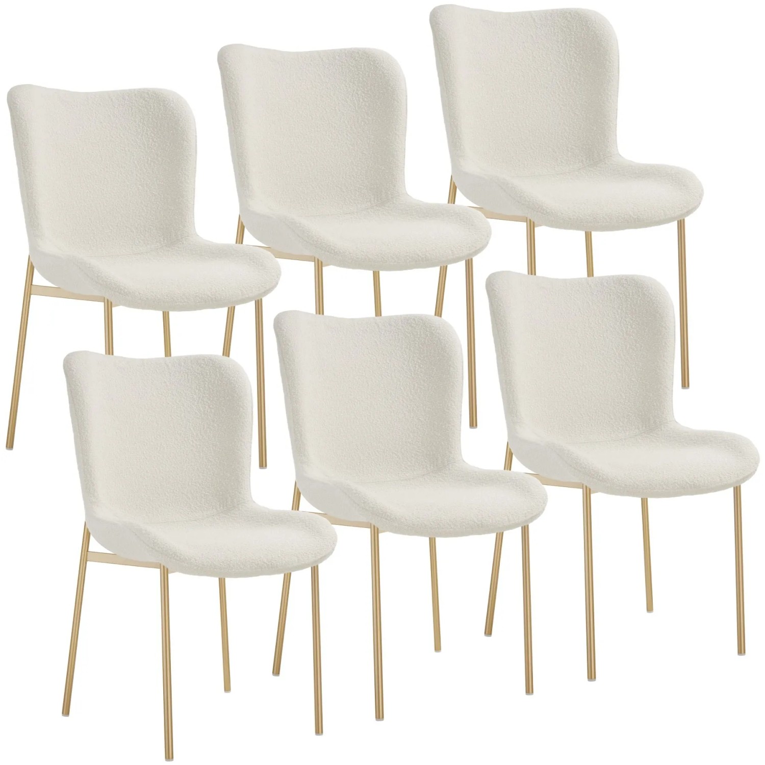 Tectake Polsterstuhl  Tessa Ergonomische Form Mit Hoher Rückenlehne Schlanke Stahlbeine 6Er Set 62 x 54 x 90 cm Bouclé Weiß Gold