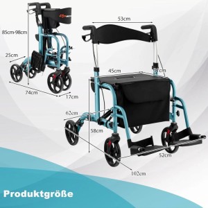 Costway Rollator Faltbar und Leicht mit Sitz 2-In-1 Rollstuhl Blau