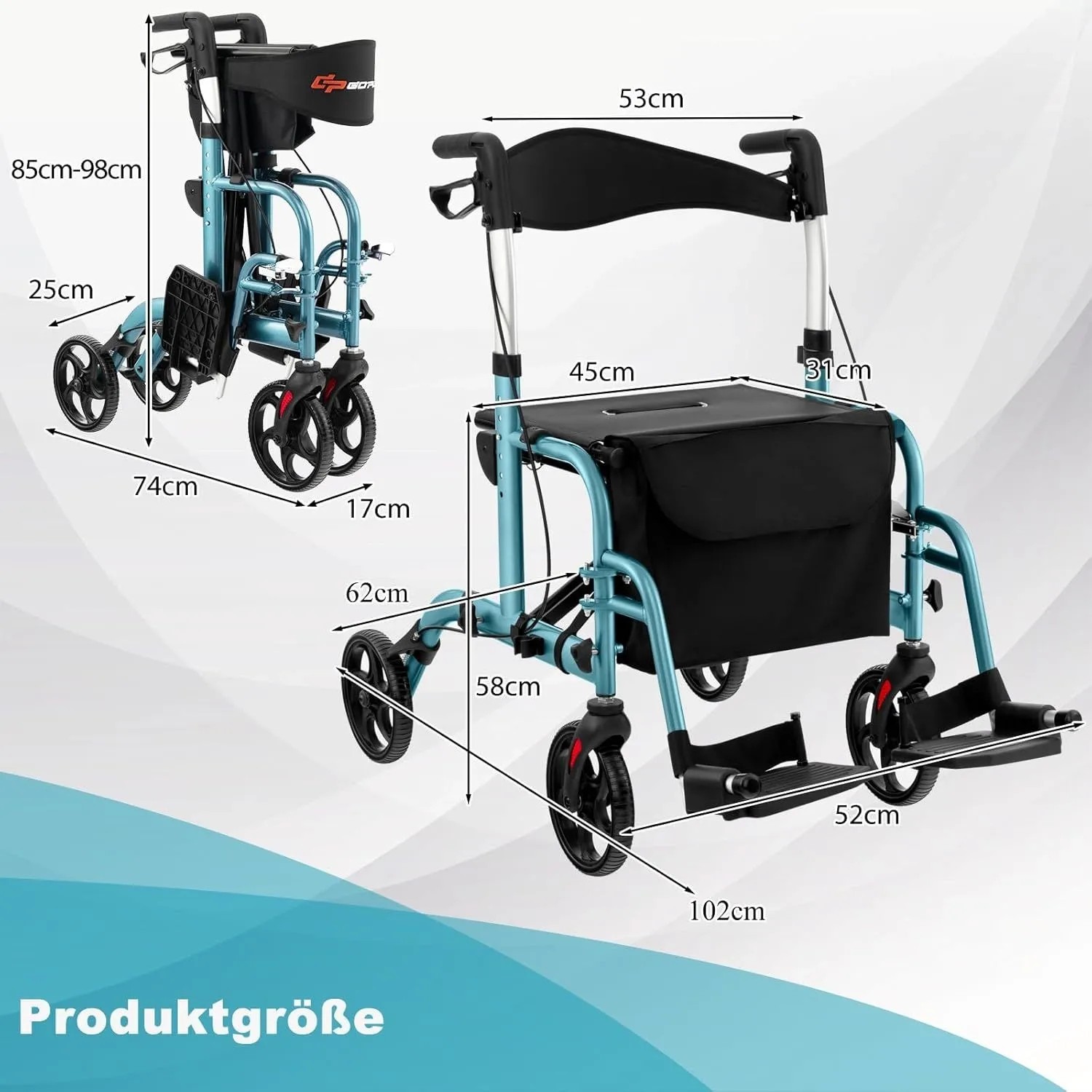 Costway Rollator Faltbar und Leicht mit Sitz 2-In-1 Rollstuhl Blau_3