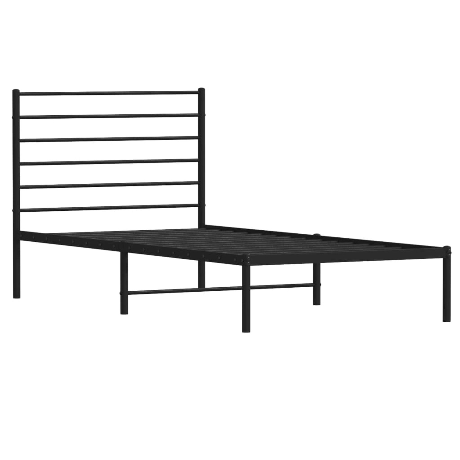 Schwarzes Metall Bettgestell 75x190 cm mit Lattenrost und Kopfteil für Jugendzimmer oder Schlafzimmer.