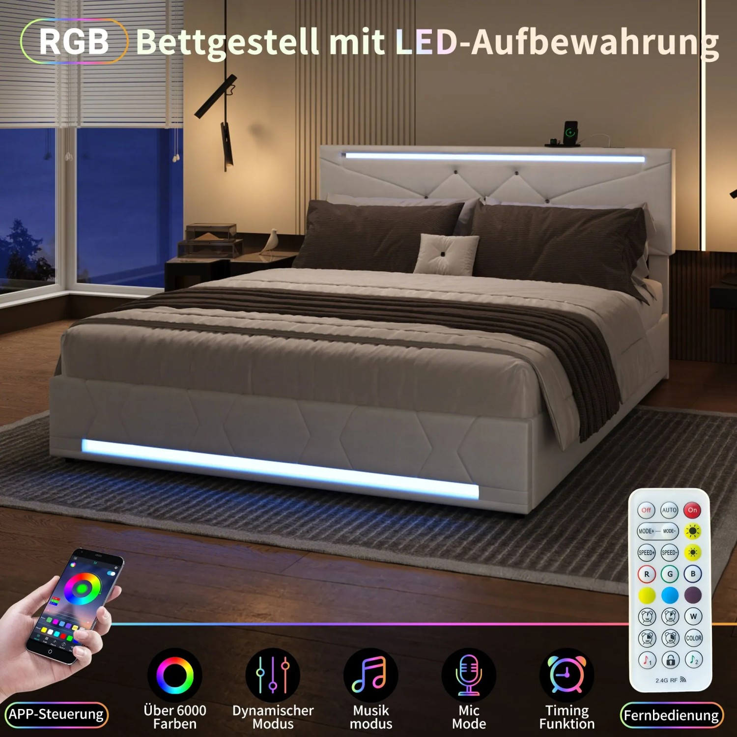 PXloue Polsterbett Doppelbett 140/200 mit LED USB Höhenverstellbares Kopfteil_7