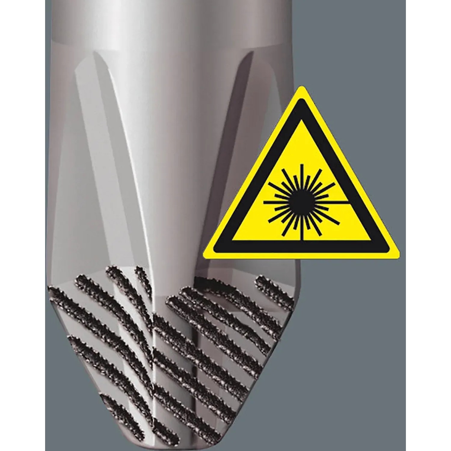 Detailaufnahme Wera Kreuzschlitz-Schraubendreher mit Lasertip und Warnsymbol.
