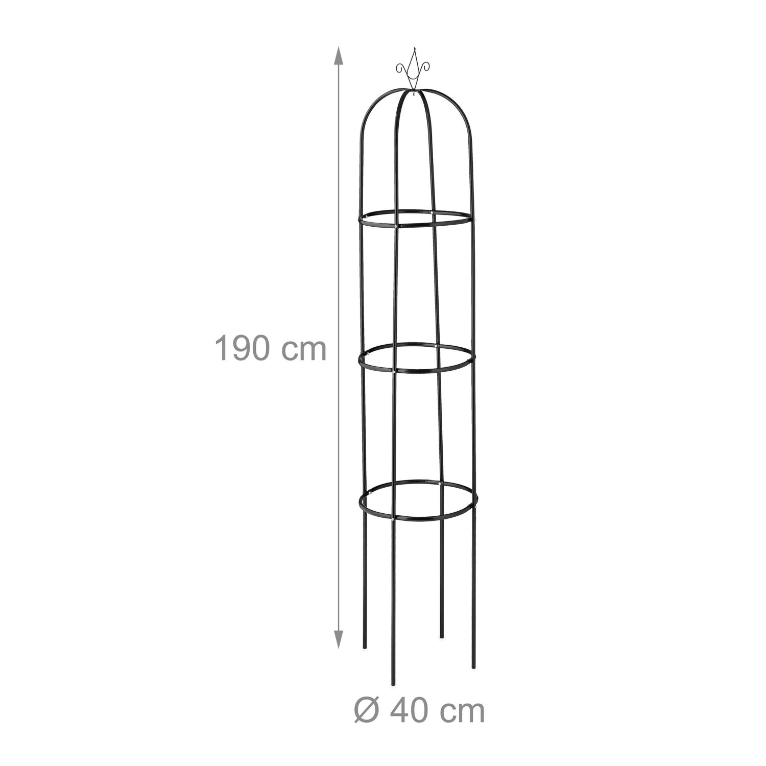 Schwarzer Relaxdays Rankobelisk aus Stahl, 190 cm hoch, für Kletterpflanzen im Garten.