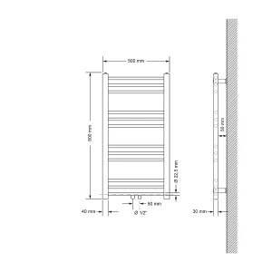 Technische Zeichnung: Weißer LuxeBath Badheizkörper, 500x800 mm, gerade, mit Thermostat und Bodenanschluss.
