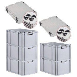 PROREGAL SparSet 5x Eurobox Nextgen Color Mit Auflagedeckel HxBxT 32x40x60cm 65 Liter Grau Griffe Schwarz Geschlossen Eurobehälter Transportbox