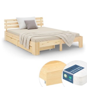 Homestyle4u Holzbett 140x200 cm mit Federkernmatratze und 2 Bettkästen Doppelbett 3327