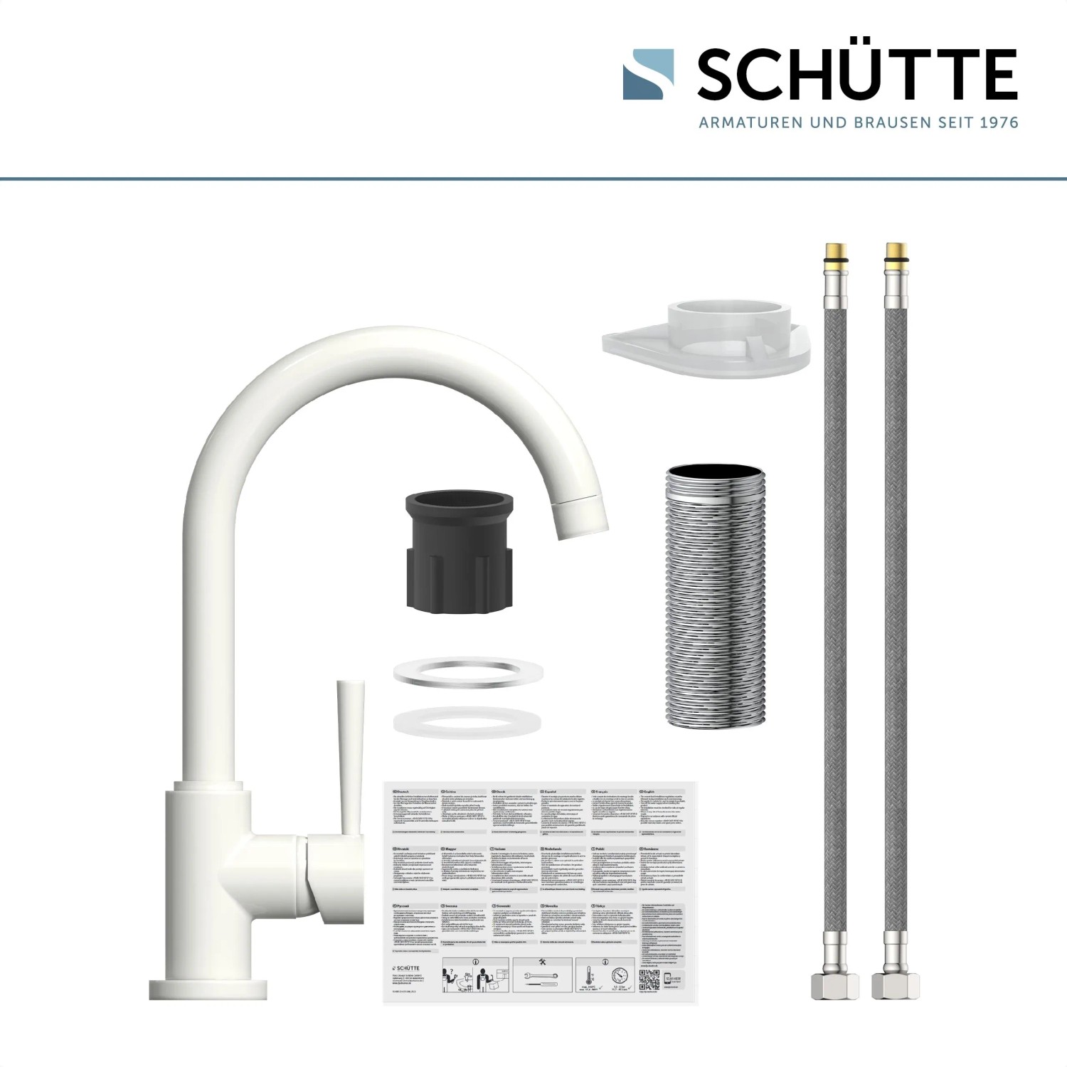 Schütte Spültischarmatur Cornwall, Weiß Matt, mit Zubehör für die Küchenspüle.