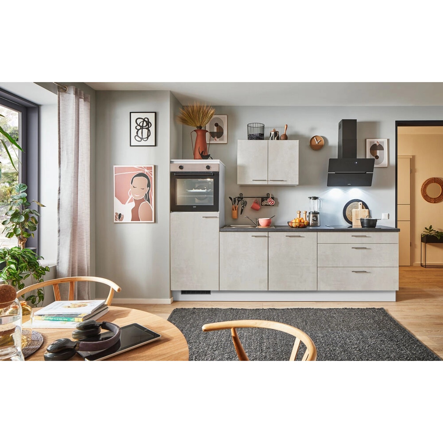 pino Küchenzeile 250 cm Beton Weißgrau Anschlag,inks 1 Geräteschrank günstig online kaufen