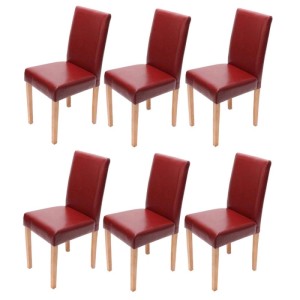 Sechs rote MCW Littau Esszimmerstühle mit Lederbezug und hellen Massivholzbeinen. Modernes Polsterstuhl 6er-Set.
