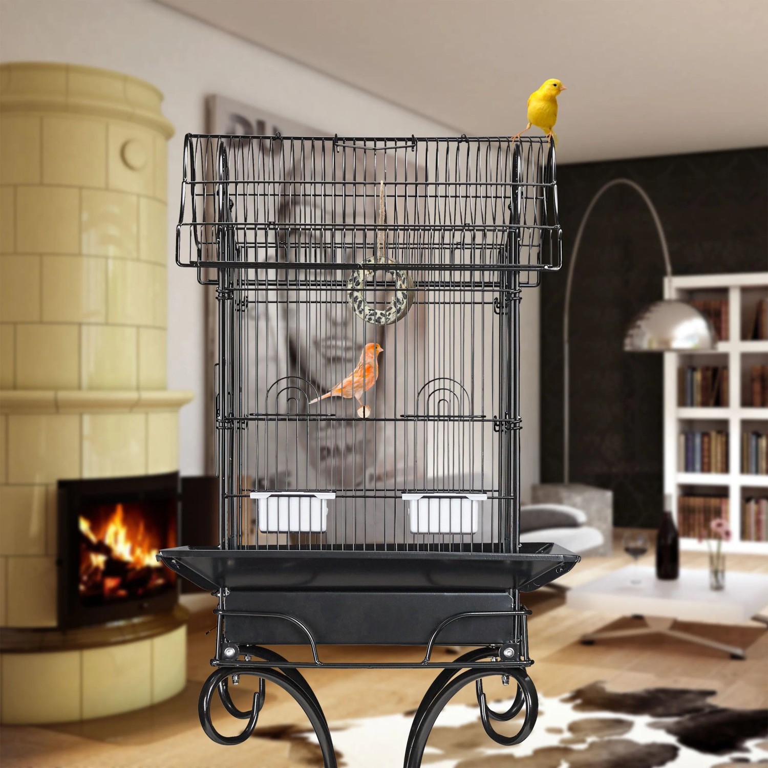 Relaxdays Vogelkäfig Stahl Kunststoff Holz Schwarz mit Ständer 146,5 x 55 x 50 cm 10,1 kg_5