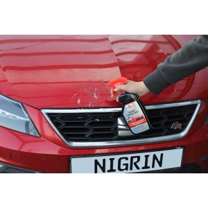 Nigrin Insektenentferner wird auf eine Motorhaube gesprüht, Autopflege.