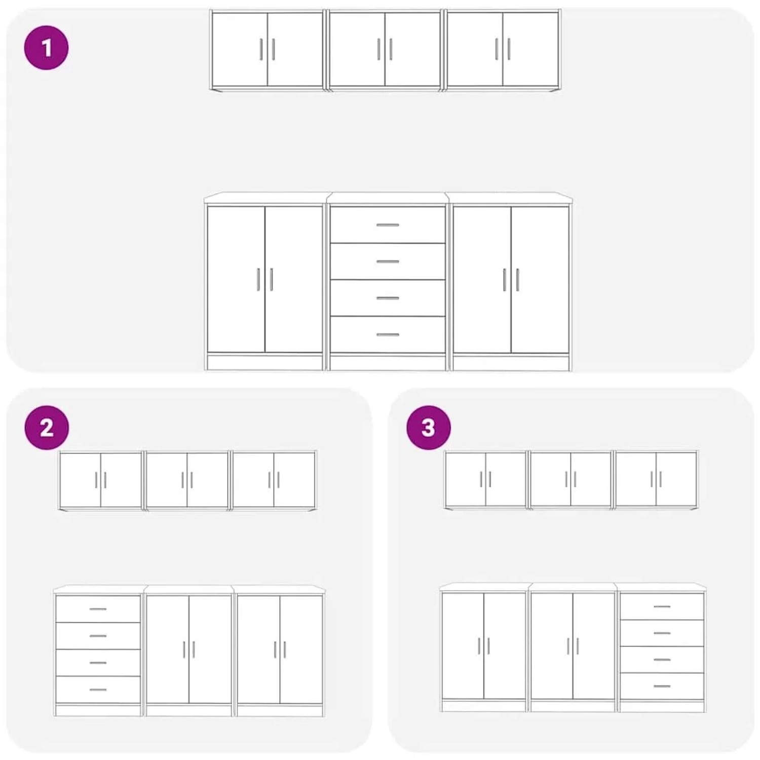 Set aus 6 Garagenschränken Artisan-Eiche: 3 Wandschränke, 2 Unterschränke mit Türen, 1 mit Schubladen, vielseitig anordbar.