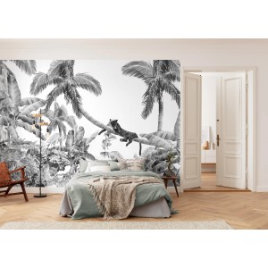 Komar Fototapete Vlies Black Panther: Schlafzimmer mit Dschungel-Motiv in Schwarz-Weiß.