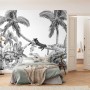Komar Fototapete Vlies Black Panther: Schlafzimmer mit Dschungel-Motiv in Schwarz-Weiß.