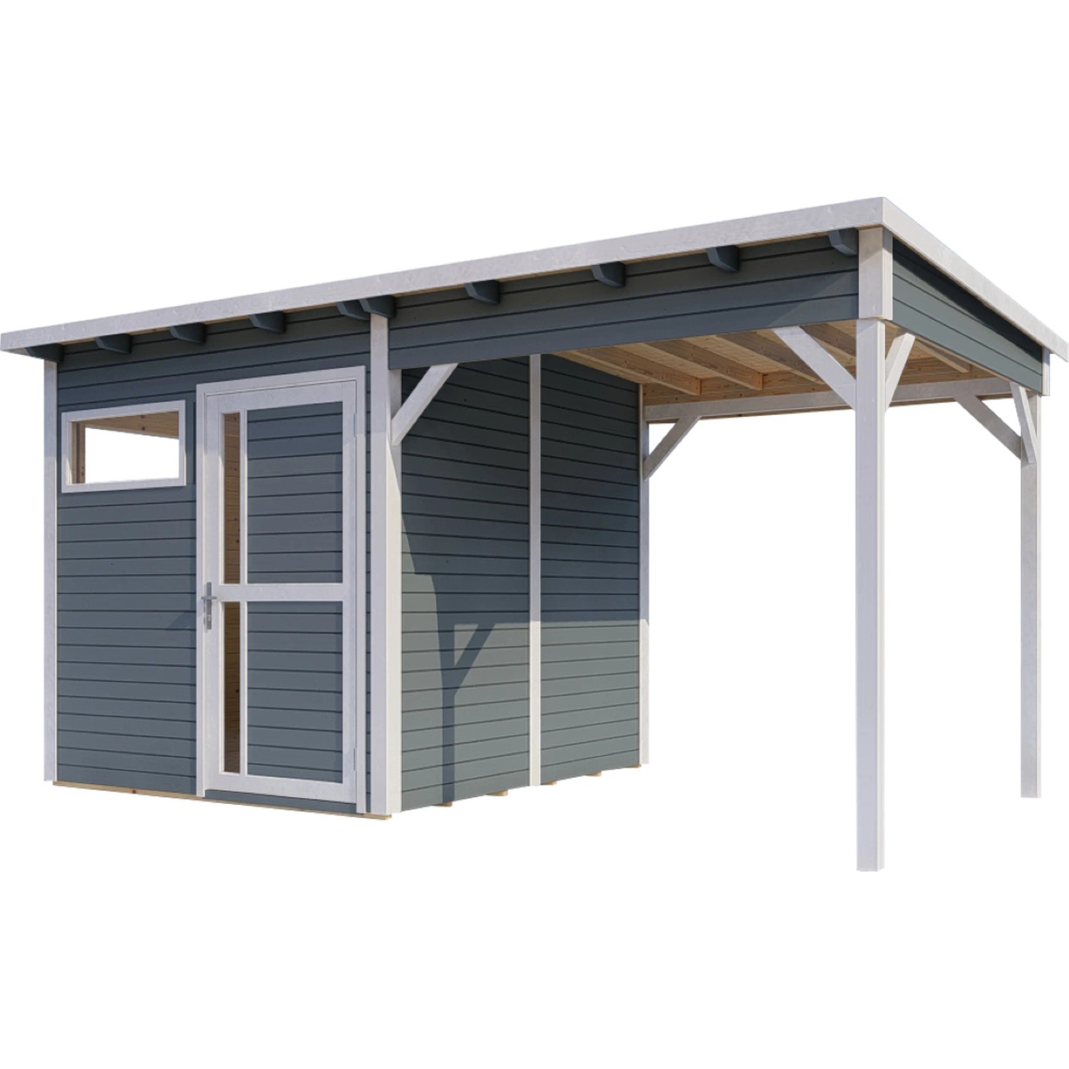 Graues Bertilo Gartenhaus Pentus 2 Lounge mit Anbau und Flachdach.