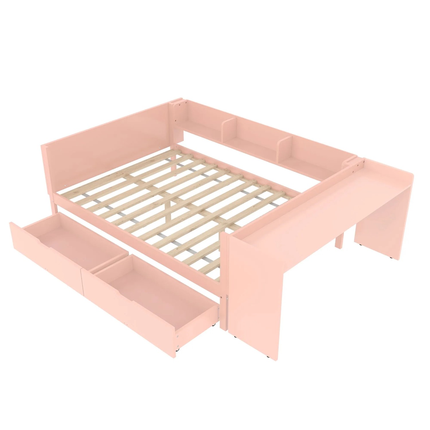 okwish Flachbett 140x200cm mit Schreibtisch und 2 Schubladen Rosa ohne Matratze