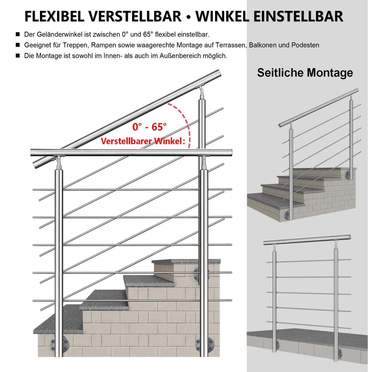 AICA 304 Edelstahl Treppengeländer Set Seitenmontage 100 cm Länge 5 Querstreben_6