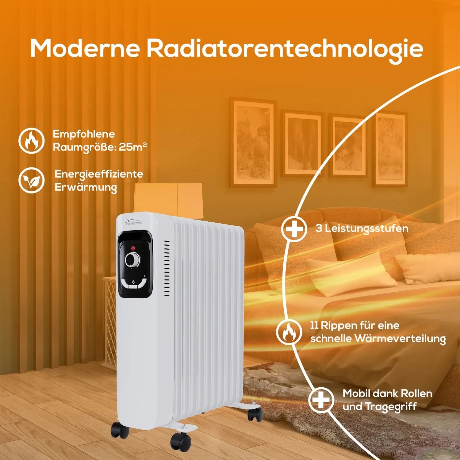 Weißer TroniTechnik Ölradiator TT OR 211 mit 11 Rippen und drei Heizstufen im Wohnraum.