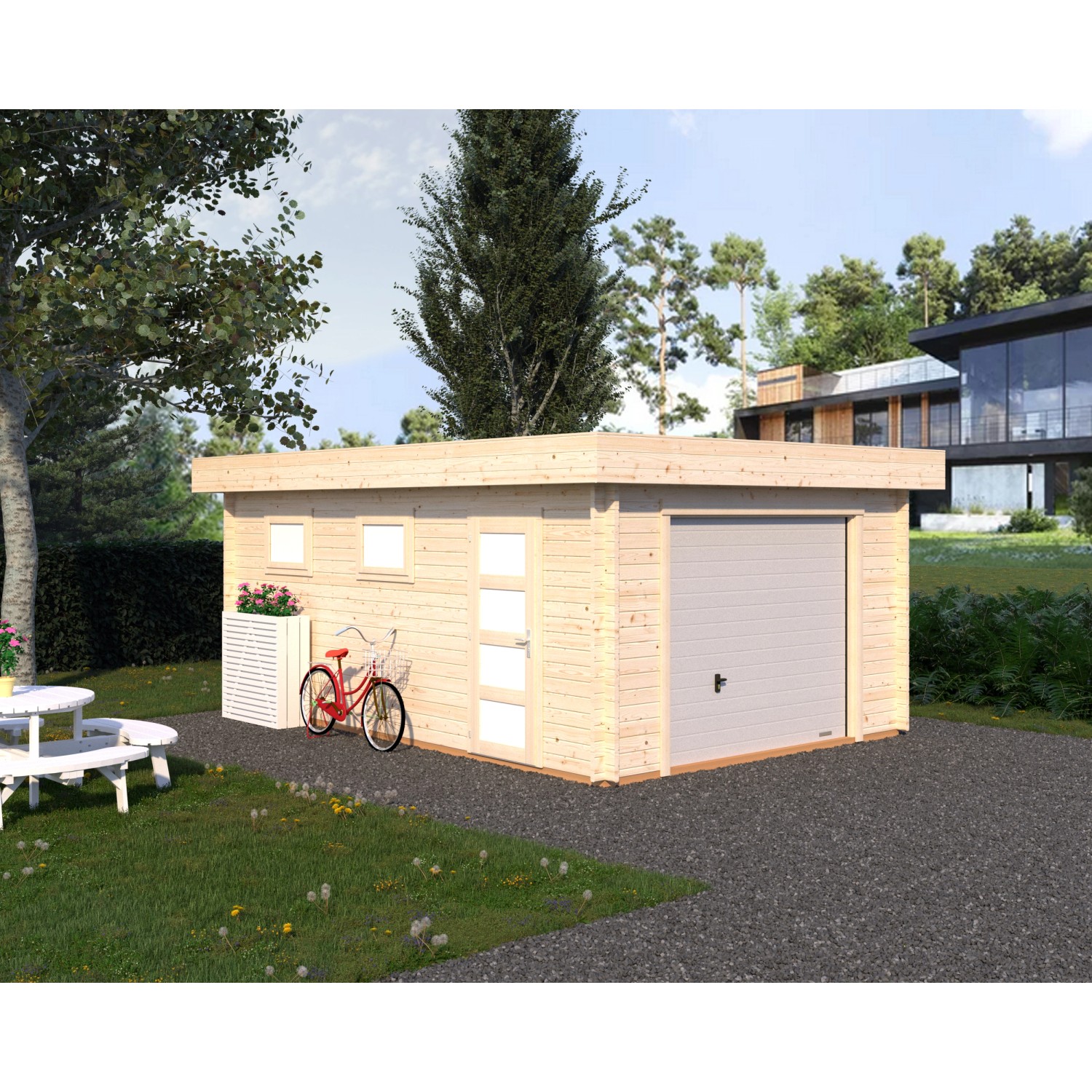Palmako Garage Rasmus m. Sektionaltor 360 x 550 cm Lackiert Dunkelgrau-Weiß günstig online kaufen