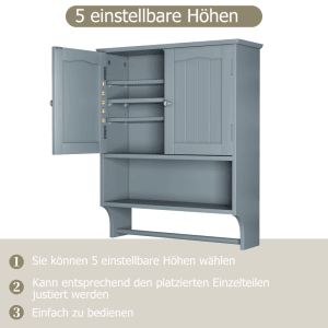 PXloue Badezimmerwandschrank mit Handtuchhalter Hellgrau Wandregal mit 2 Türen Fächern MDF