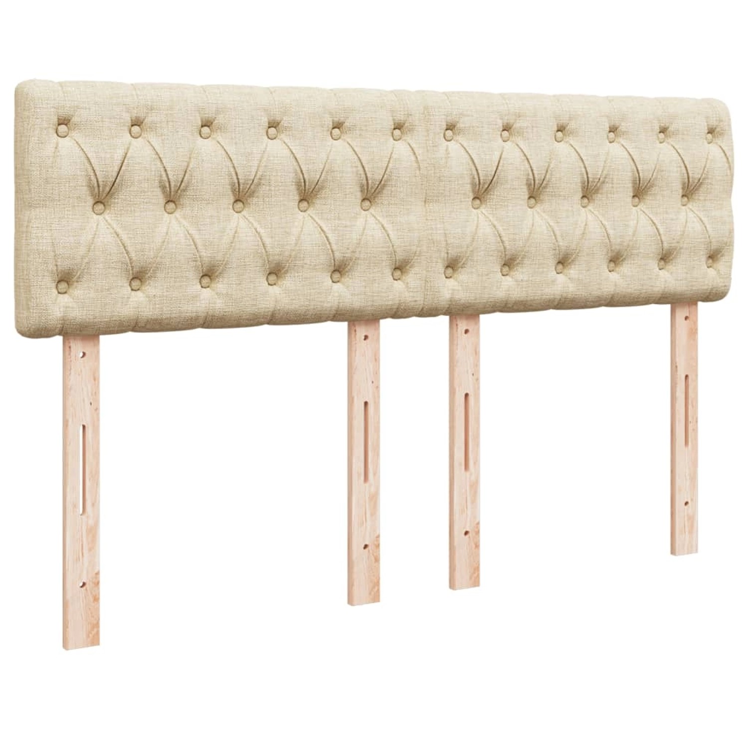 Cremefarbenes Boxspringbett Kopfteil mit Knopfheftung und Holzfüßen.