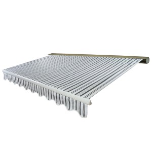 MCW Kassetten-Markise H122, 4x3m, grau/weiß gestreift mit Volant. Vollkassettenmarkise mit Motor.