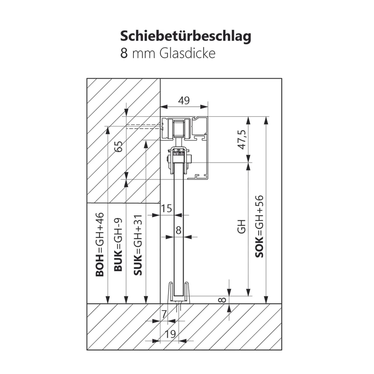Technische Zeichnung der Levidor Glasschiebetür Bremen Schwarz mit Maßangaben.