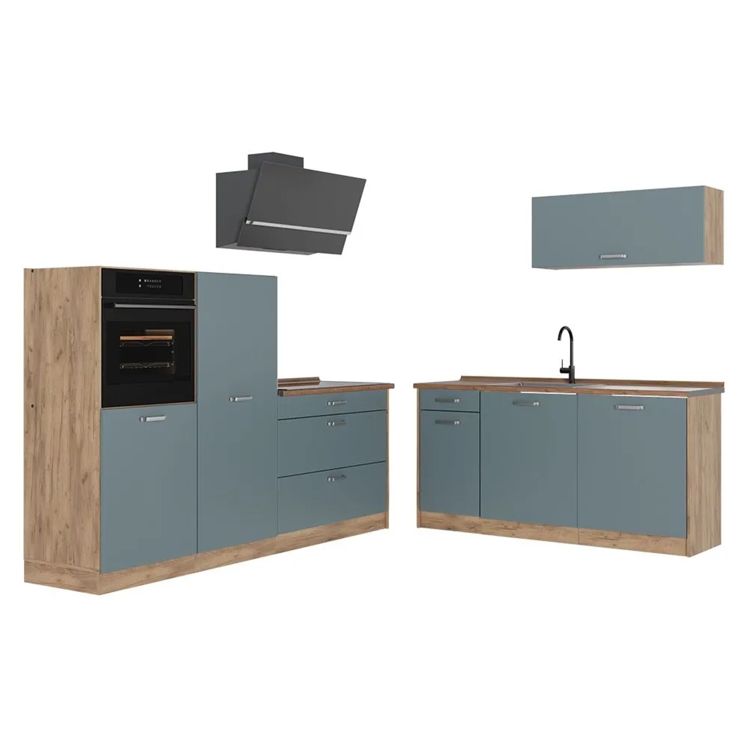 Vicco Küchenzeile R-Line Blau-Grau/Goldkraft Eiche 220 x 143 Arbeitsplatte Goldkraft Eiche Art Nr 67094