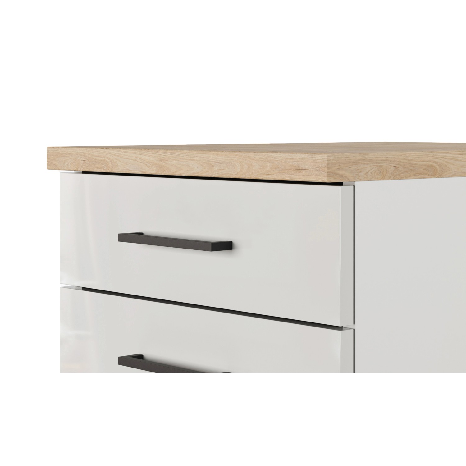Flex-Well Lund Küchenunterschrank mit Schubladen, lichtgrau glänzend und Eiche Arbeitsplatte.