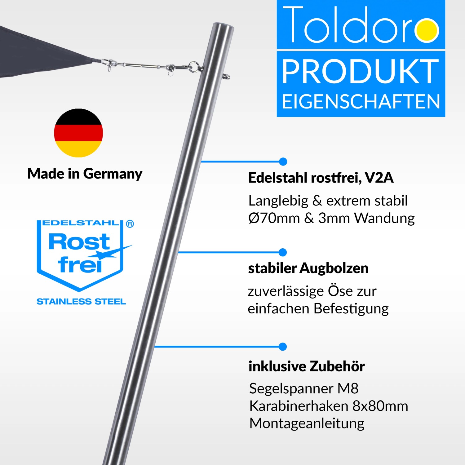 Toldoro Sonnensegelmast, 2,5m, Edelstahl, mit Öse und Bodenhülse für Sonnensegel.