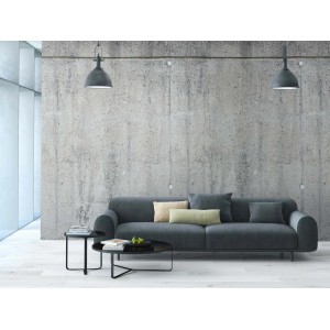 Livingwalls Fototapete in Beton-Optik Grau/Grün im Wohnraum mit Sofa und Tisch.