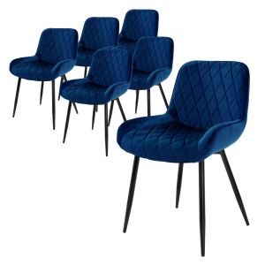 6er Set dunkelblaue ML-Design Esszimmerstühle mit Rautensteppung und schwarzen Beinen.