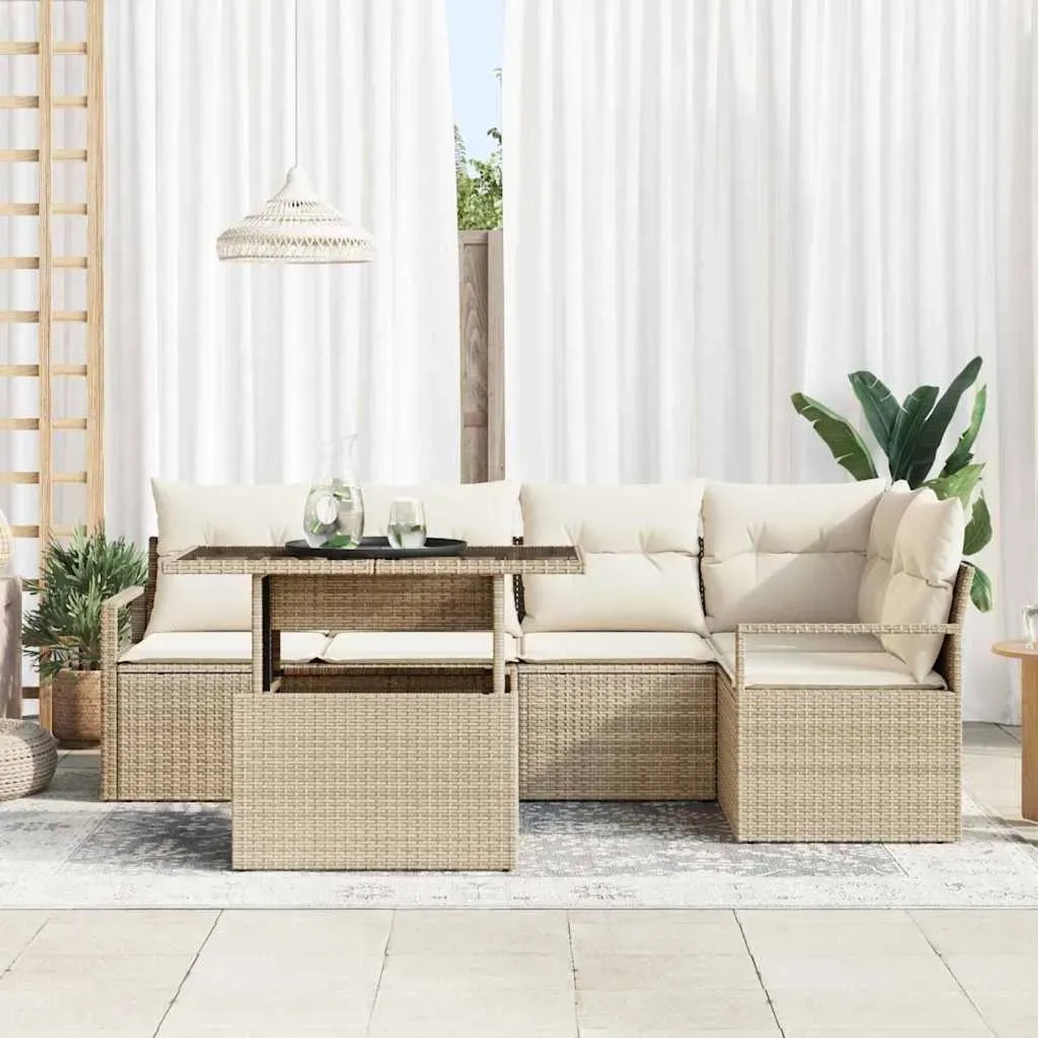 Beiges 6-tlg. vidaXL Garten-Sofa-Set mit Tisch aus Poly Rattan für Garten oder Terrasse.