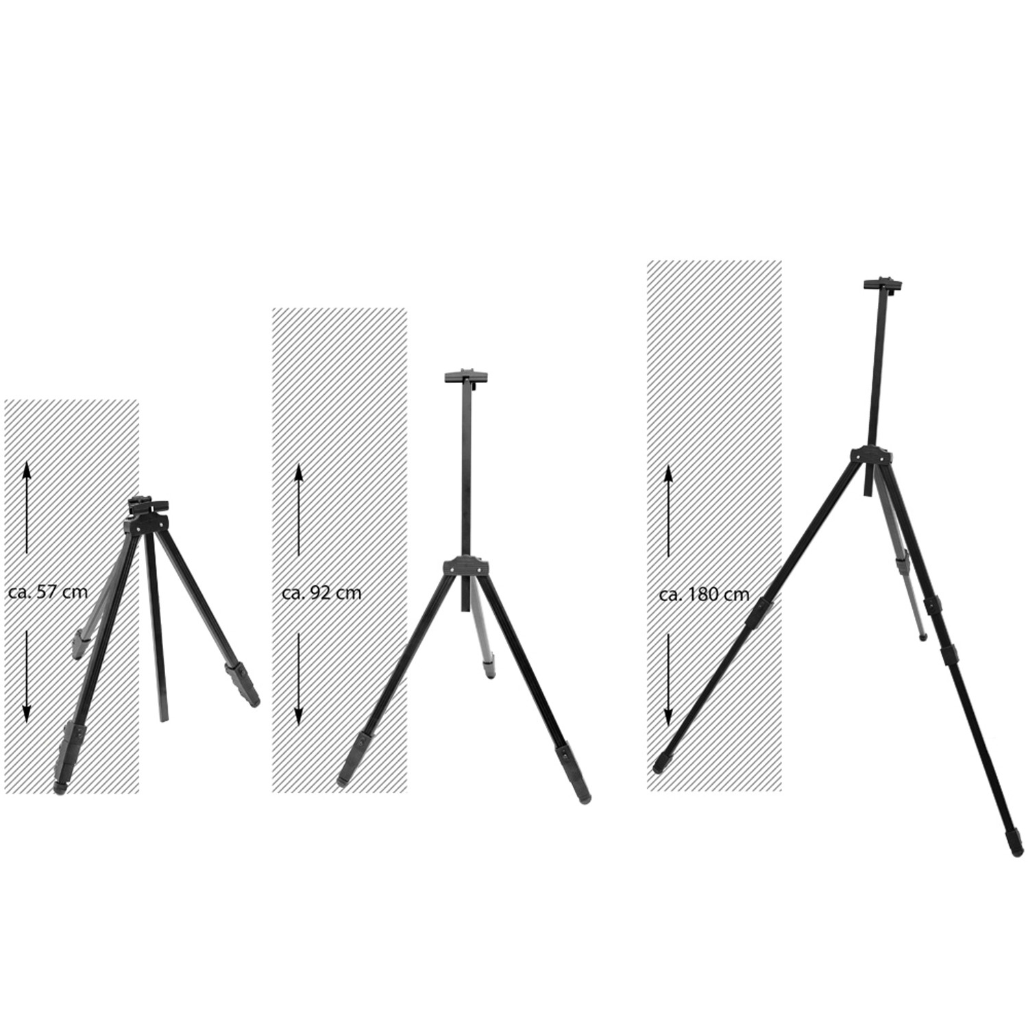 Schwarze eyepower Aluminium Staffelei, 58-180cm hoch, in verschiedenen Höhen dargestellt.